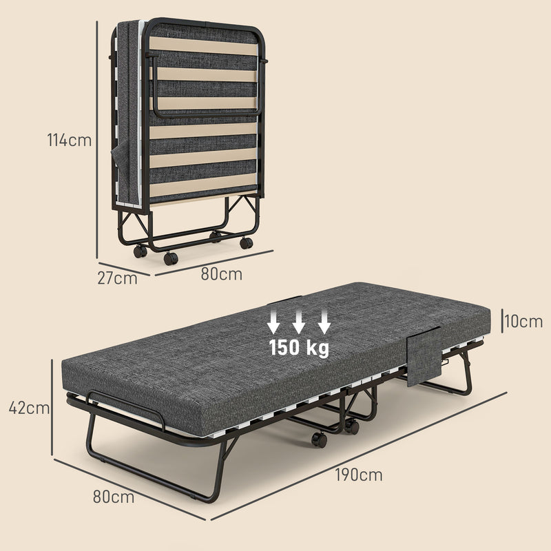 Single Folding Bed with Steel Frame and Wheels Black and Grey by HOMCOM