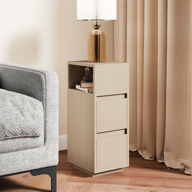 Slim Bedside Table With Open Shelf and Two Drawers for Bedroom Storage Natural Wood Finish