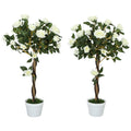 Set of Two White Faux Rose Trees Indoor Outdoor Decorative Plants by Outsunny