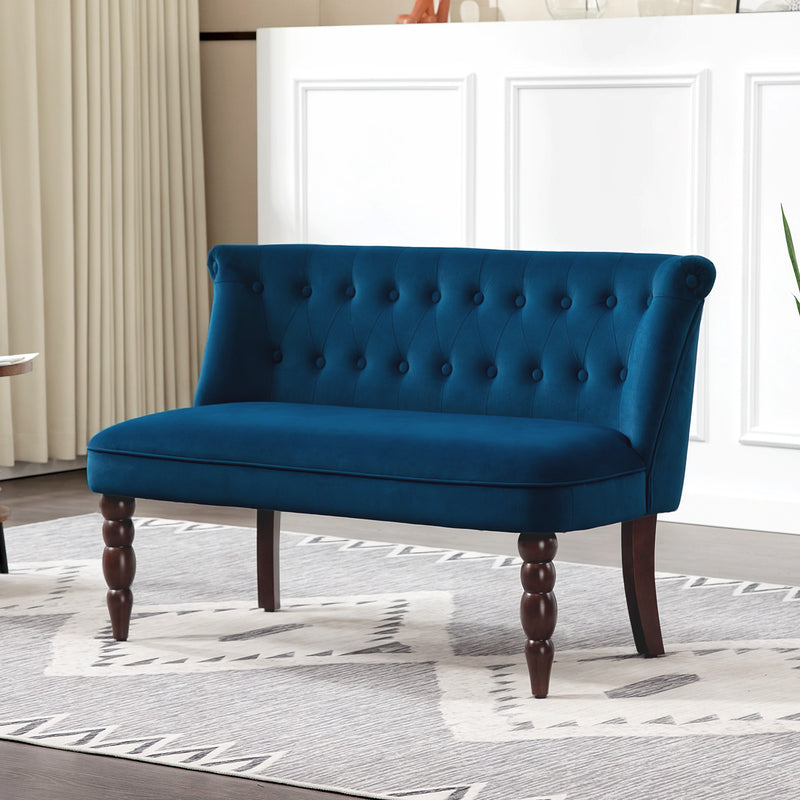 Dark Blue Velvet 2 Seater Wingback Sofa With Button Tufting And Wooden Legs For Living Room
