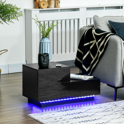 Black High Gloss Bedside Table with RGB LED Lights and Storage Drawers for Bedroom