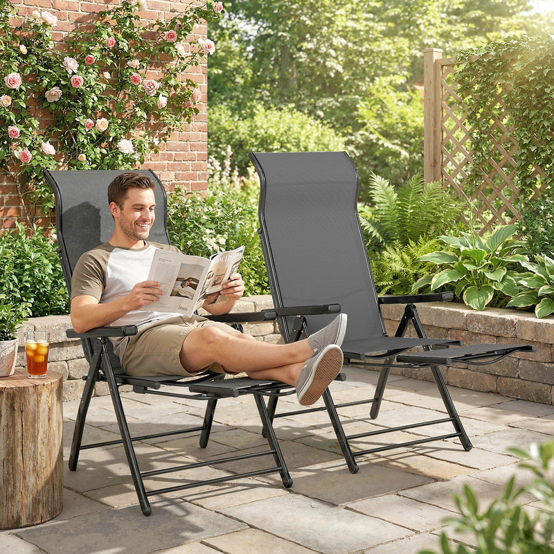 Folding Garden Recliner Chairs Set of 2 with Adjustable Back and Footrest Dark Grey Outsunny