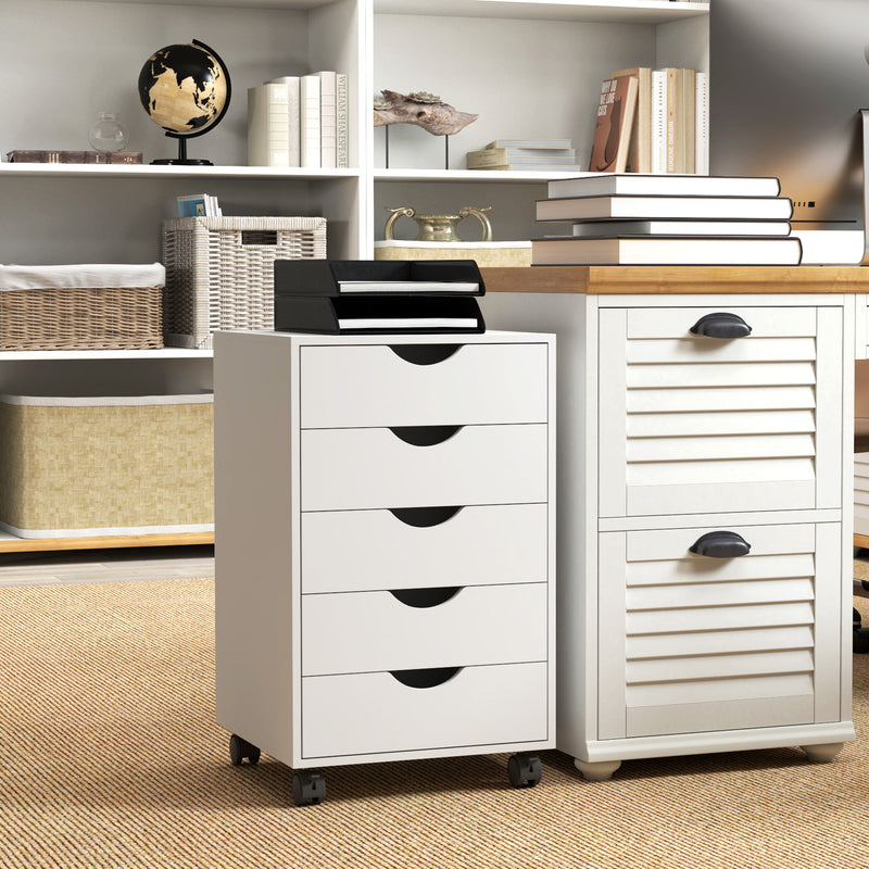 White 5 Drawer Mobile Filing Cabinet with Wheels for Office Storage by Outsunny AOSOM