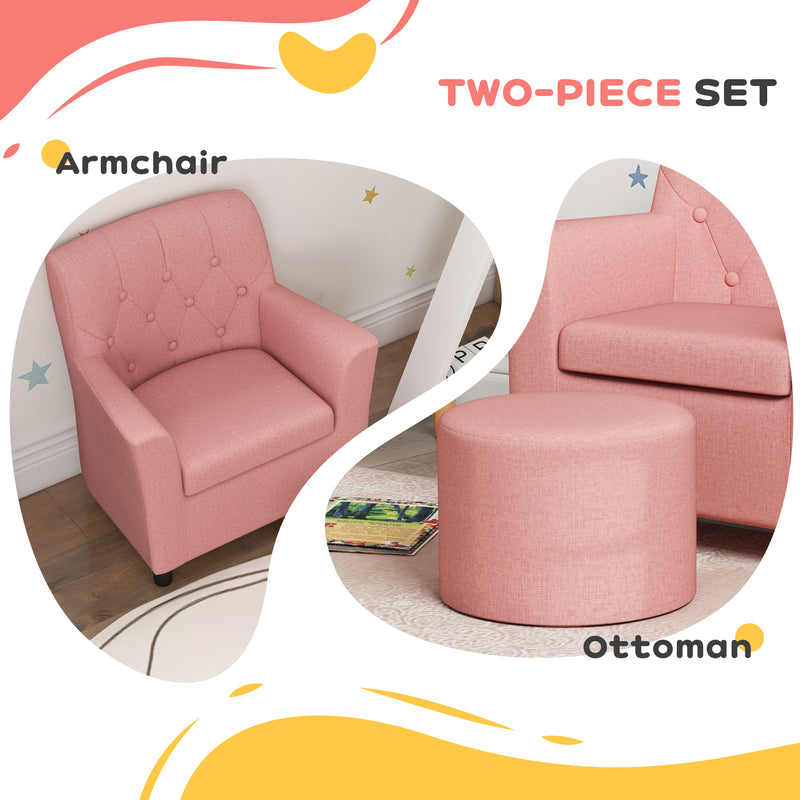 2 Piece Kids Sofa Set with Footrest for Bedroom or Playroom Supportive Design, Pink