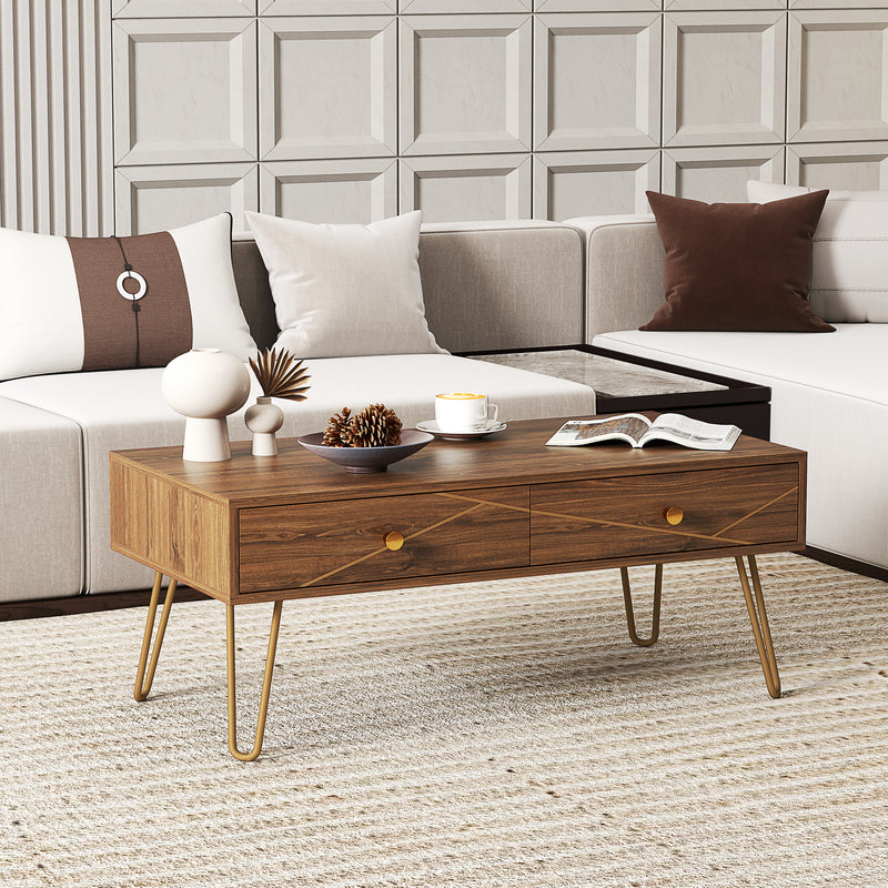 Modern Coffee Table with Gold Hairpin Legs and Drawers for Living Room 100cm by HOMCOM