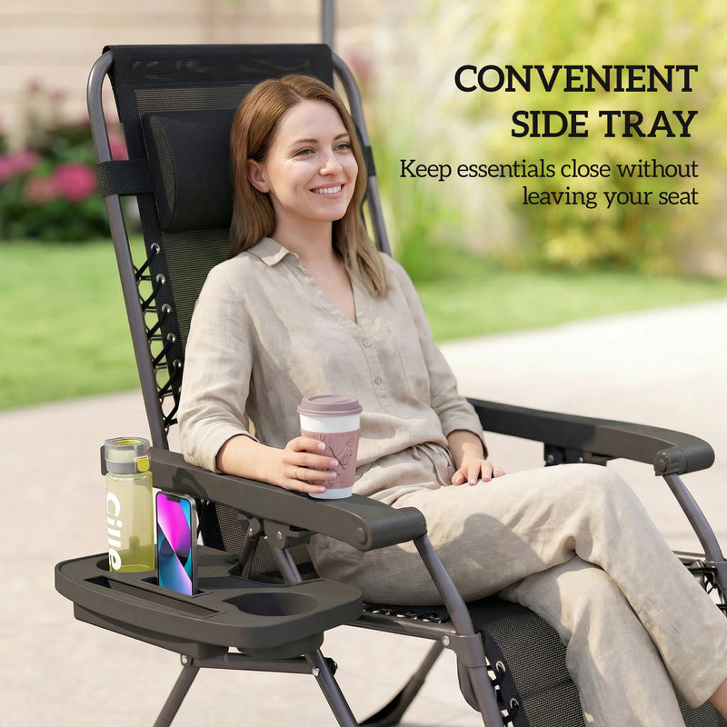 Foldable Zero Gravity Reclining Garden Lounger Chairs Set of 2 with Tray & Cup Holder, Black
