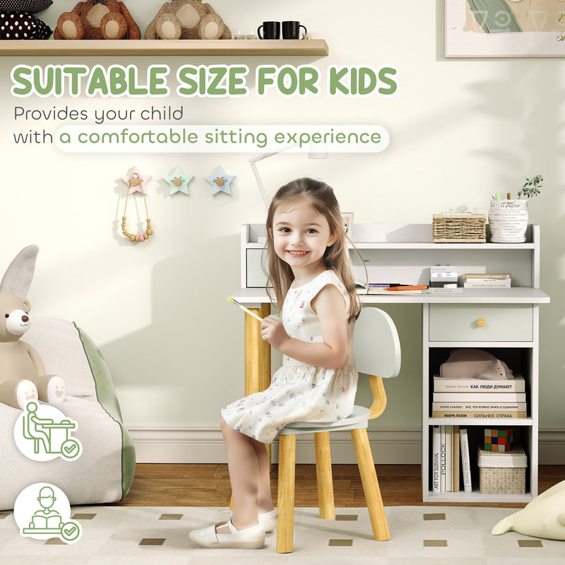 Kids Study Desk and Chair Set with Hutch Storage Shelves and Drawer for Home Learning Green