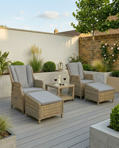 Wentworth 2 seater rattan reclining garden set with two high-back recliners, footstools and glass table