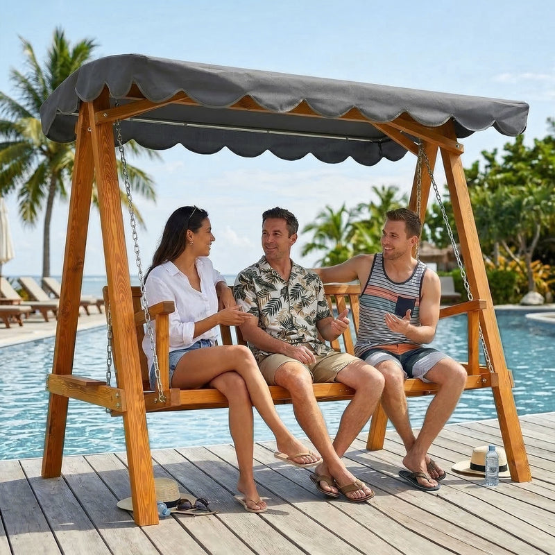 3 Seater Wooden Garden Swing Seat with Canopy for Outdoor Relaxing Pine Wood Frame Dark Grey Outsunny