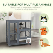 Indoor Wooden Cat Enclosure With Platforms And Hammock On Wheels For Easy Moving, Light Grey