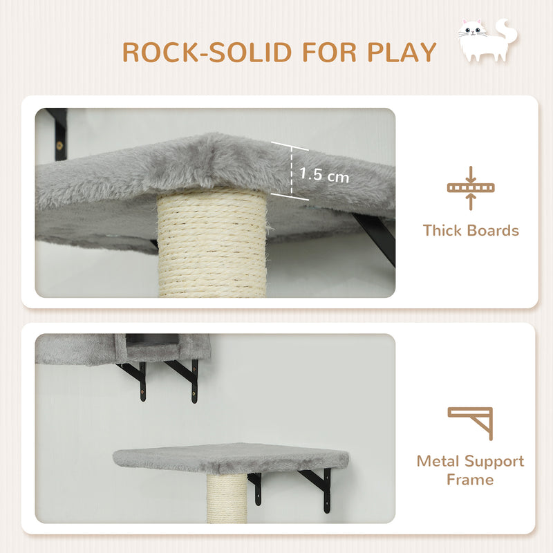 Grey 6 Piece Cat Wall Shelves Set with Bed Scratching Post and Toy Ball by PawHut