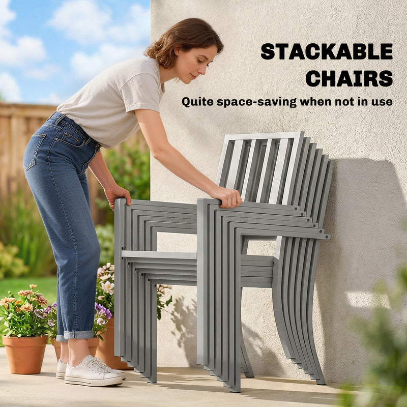 Garden Dining Set for 6 with Stacking Chairs and Weatherproof Steel Frame, Light Grey
