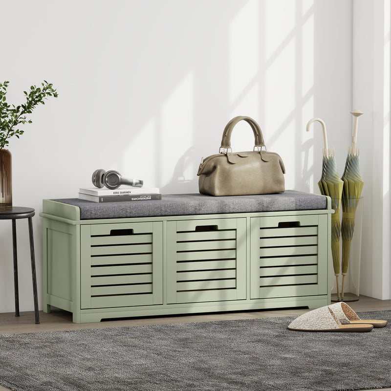 3 Drawer Green Shoe Storage Bench With Cushioned Seat Ideal For Hallway Or Entryway