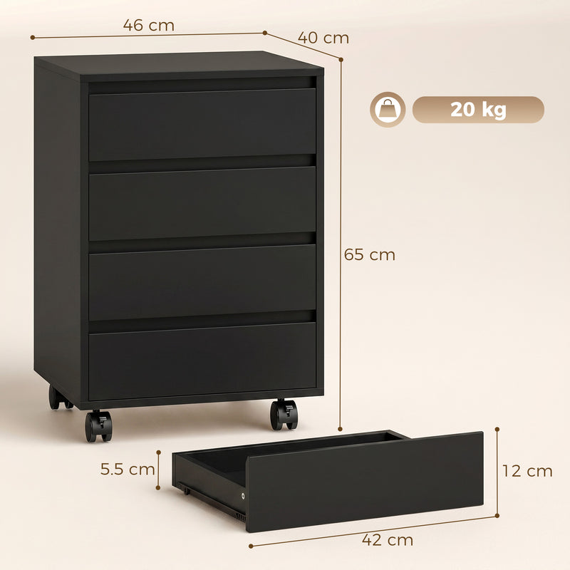 Office Storage Cabinet with 4 Drawers and Lockable Wheels for Tidy Desks Black