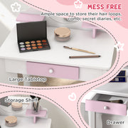 Kids Dressing Table with Mirror and Stool Ideal for Bedroom or Playroom, White and Pink