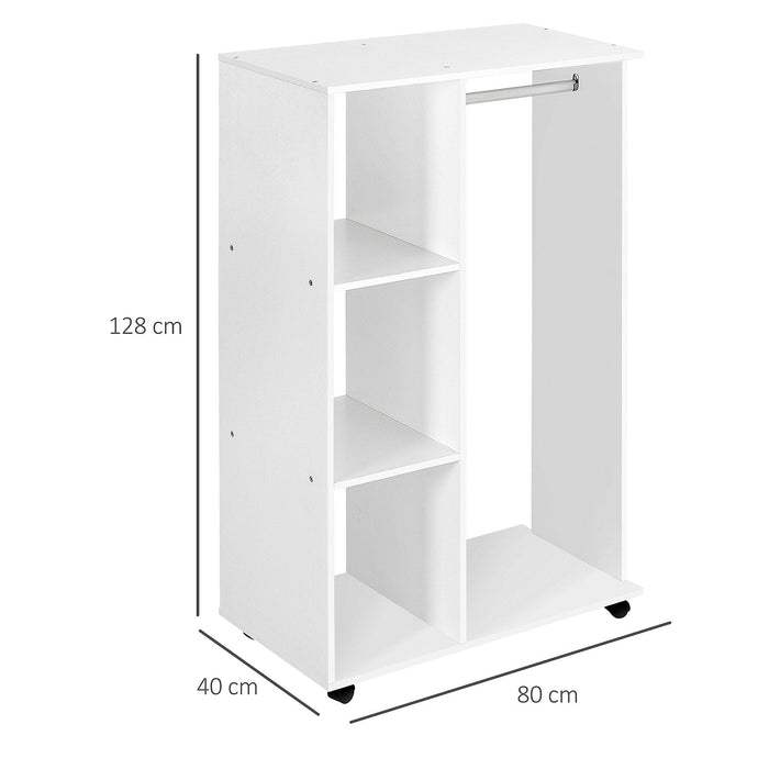 White Open Wardrobe on Wheels With Hanging Rail and Shelves