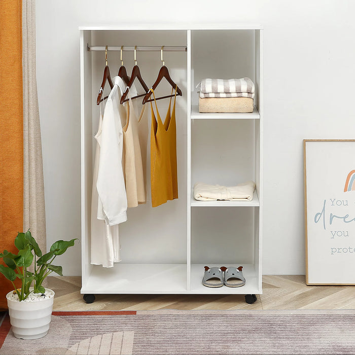 White Open Wardrobe on Wheels With Hanging Rail and Shelves
