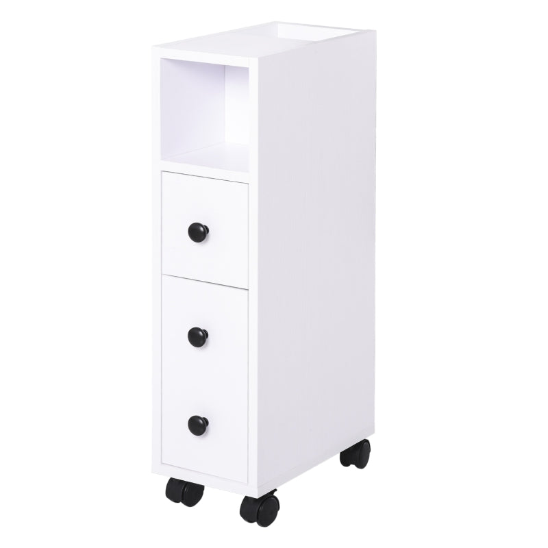 White Slimline Bathroom Storage Unit With 2 Drawers & Wheels