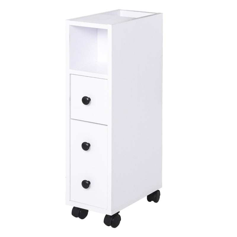 White Slimline Bathroom Storage Unit With 2 Drawers & Wheels