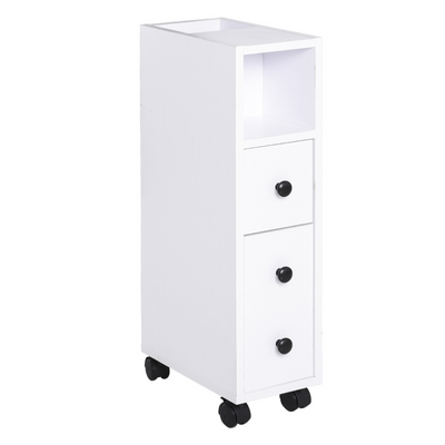 White Slimline Bathroom Storage Unit With 2 Drawers & Wheels Kleankin