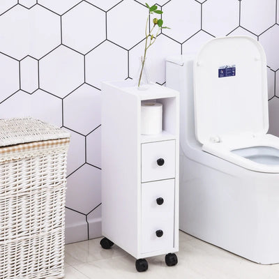 White Slimline Bathroom Storage Unit With 2 Drawers & Wheels Kleankin
