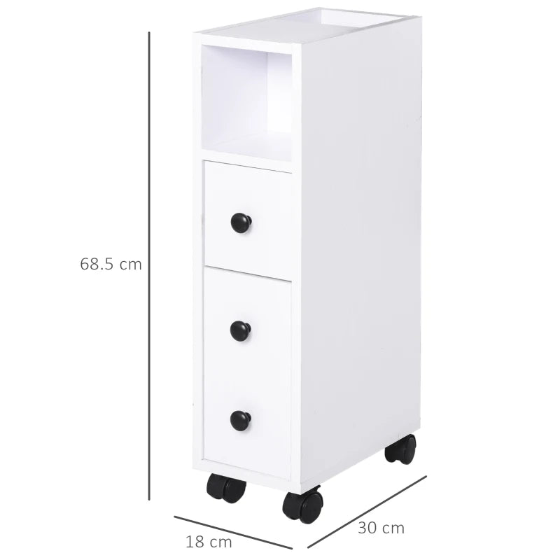 White Slimline Bathroom Storage Unit With 2 Drawers & Wheels