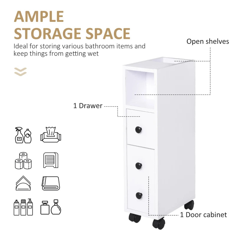 White Slimline Bathroom Storage Unit With 2 Drawers & Wheels