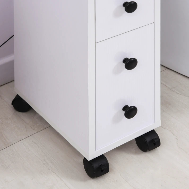 White Slimline Bathroom Storage Unit With 2 Drawers & Wheels