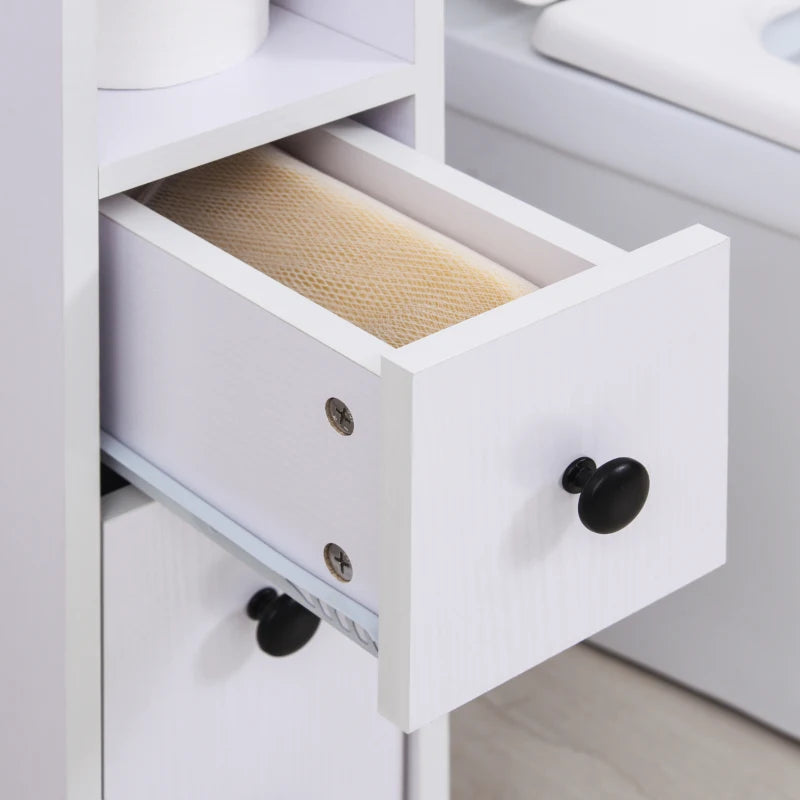 White Slimline Bathroom Storage Unit With 2 Drawers & Wheels