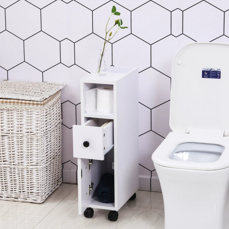 White Slimline Bathroom Storage Unit With 2 Drawers & Wheels