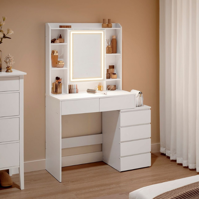 White Dressing Table With LED Mirror Light, Drawers, Shelves W97.5 x D40 x H145cm