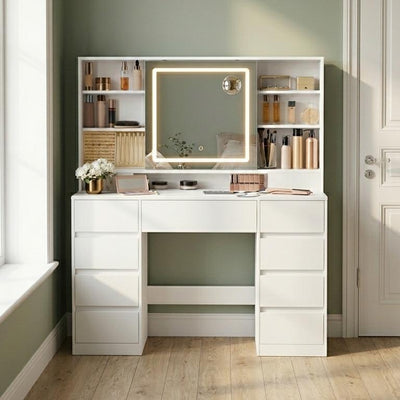 White Dressing Table with LED Mirror, 9 Drawers & Sliding Storage Shelves, Built-In Power Sockets With USB