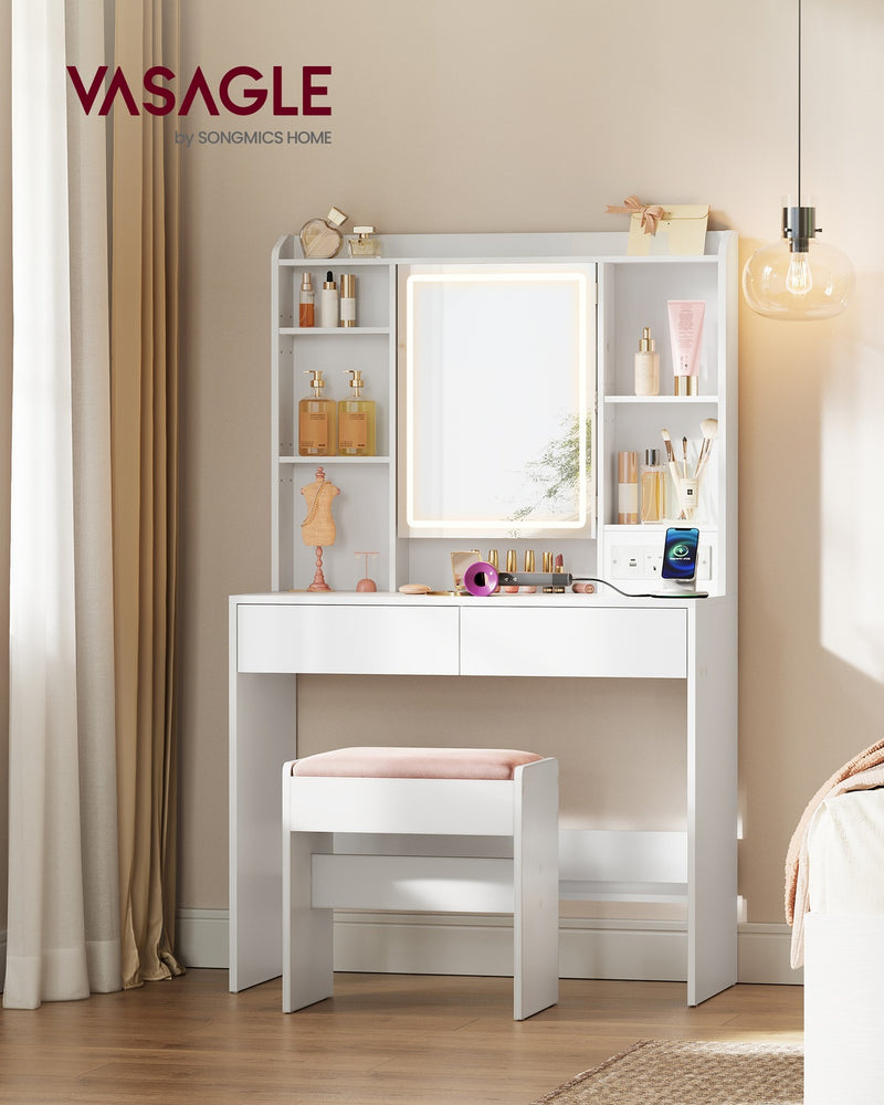 White Dressing Table with Mirror Lights 2 Drawers Shelves and Power Sockets