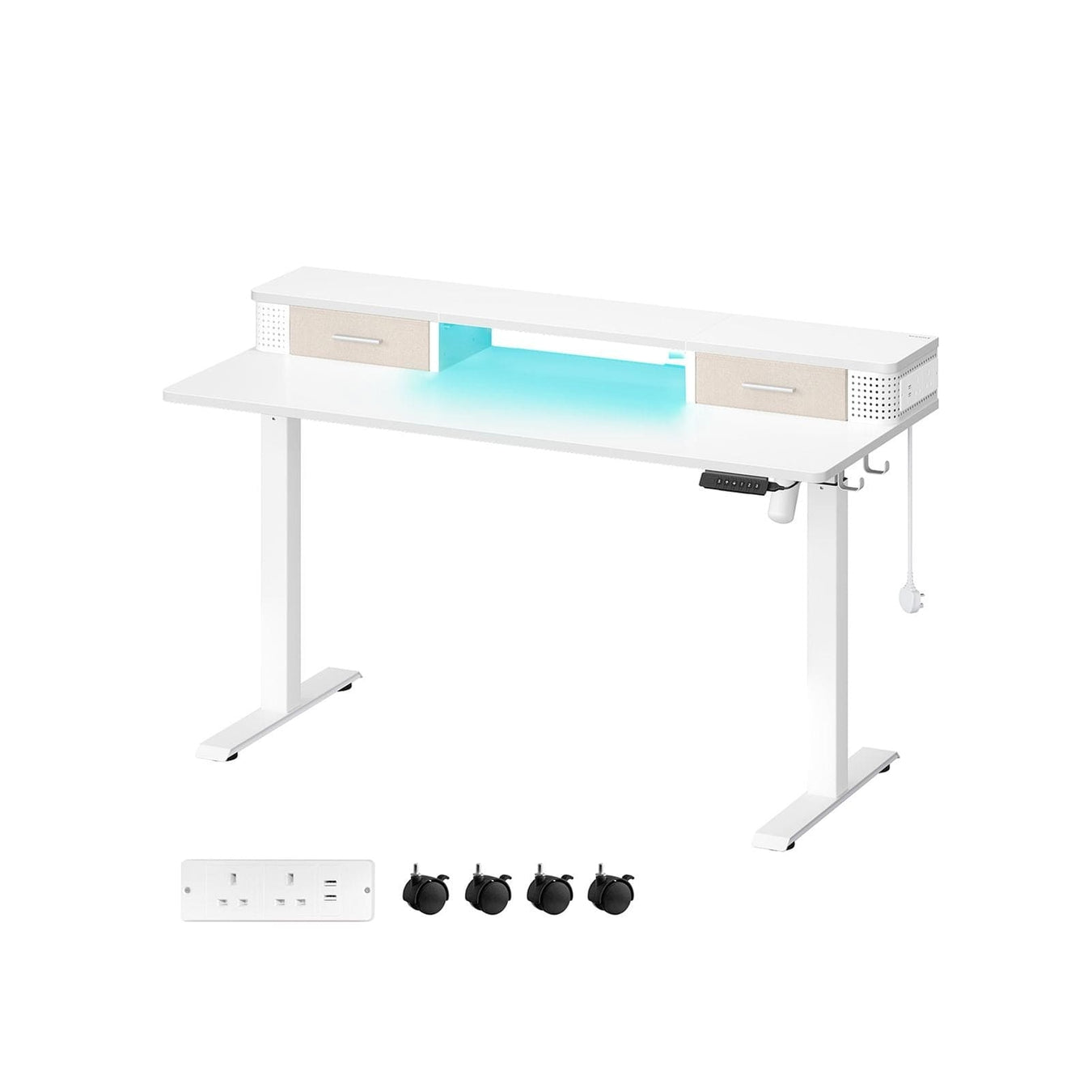 Image of a White Electric Height Adjustable Desk With Drawers, LED Lights, and Power Outlets.