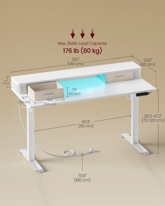 Image of a White Electric Height Adjustable Desk With Drawers, LED Lights, and Power Outlets.