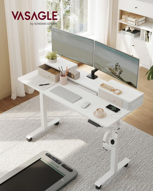 Image of a White Electric Height Adjustable Desk With Drawers, LED Lights, and Power Outlets.