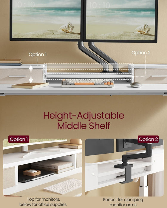 Image of a White Electric Height Adjustable Desk With Drawers, LED Lights, and Power Outlets.