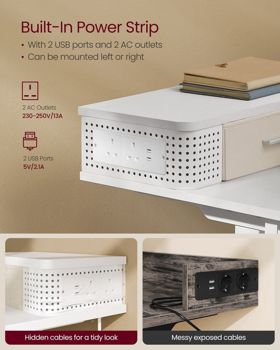 Image of a White Electric Height Adjustable Desk With Drawers, LED Lights, and Power Outlets.