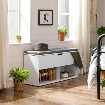 White Entryway Bench With Grey Cushioned Seat by Vasagle