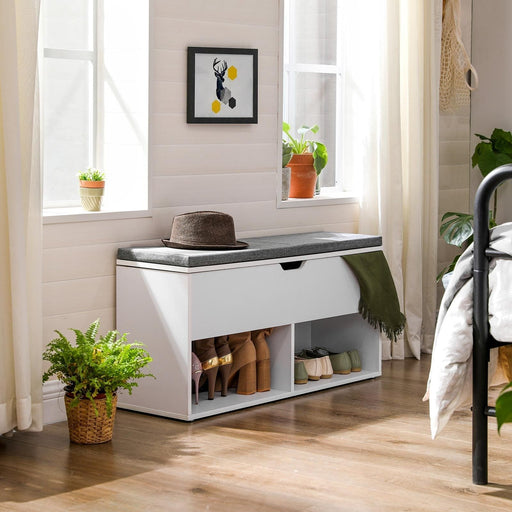 White Entryway Bench With Grey Cushioned Seat by Vasagle