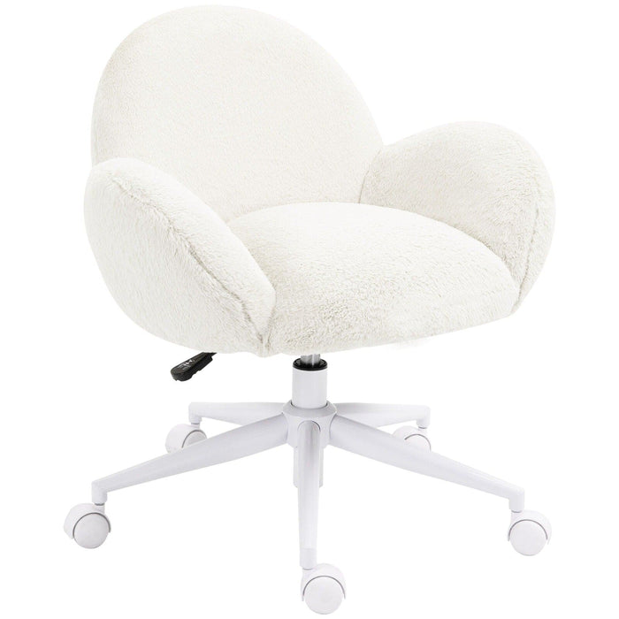 Image of a White Fluffy Desk Chair With Wheels.