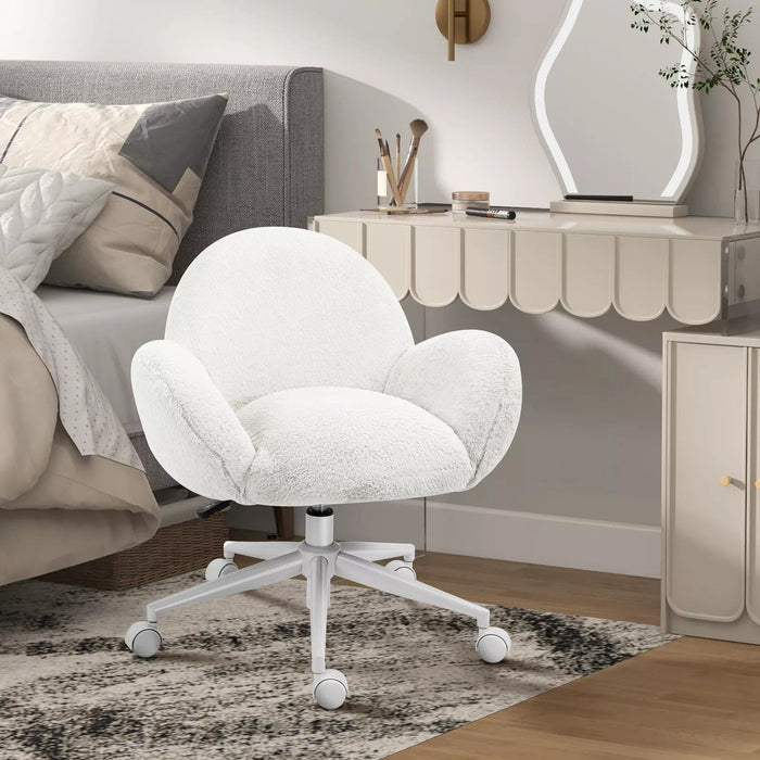 Image of a White Fluffy Desk Chair With Wheels.