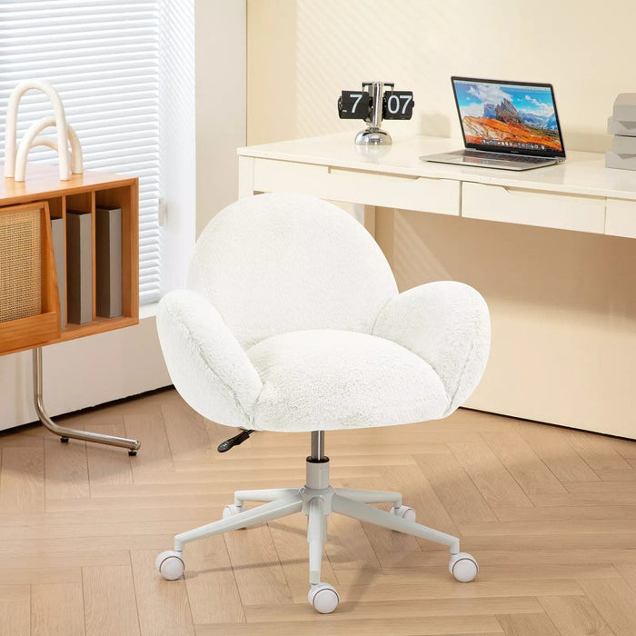 Image of a White Fluffy Desk Chair With Wheels.