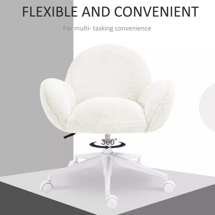 Image of a White Fluffy Desk Chair With Wheels.