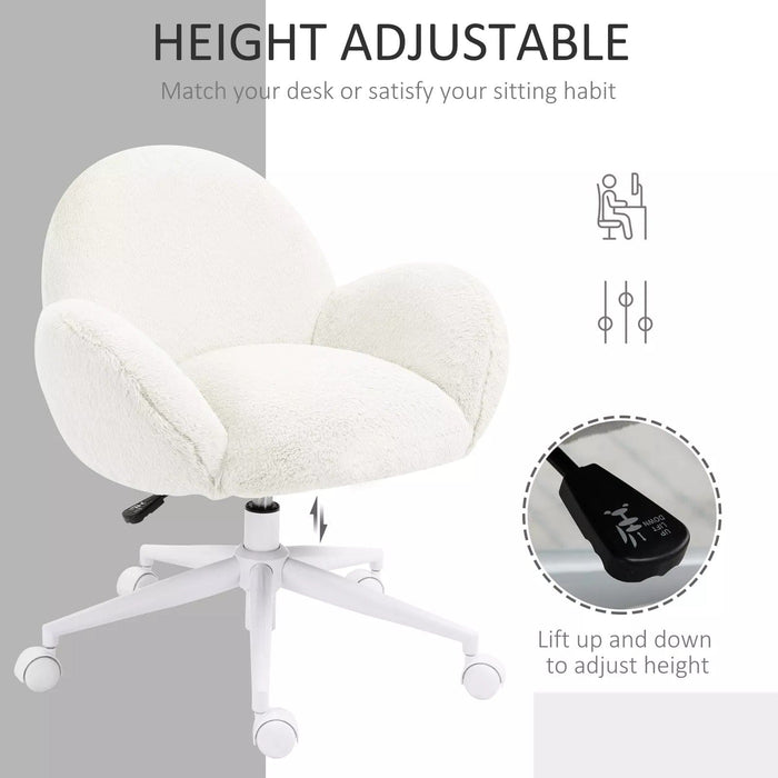 Image of a White Fluffy Desk Chair With Wheels.