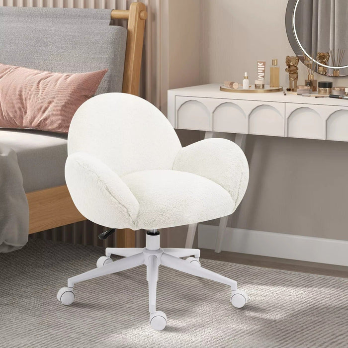 Image of a White Fluffy Desk Chair With Wheels.