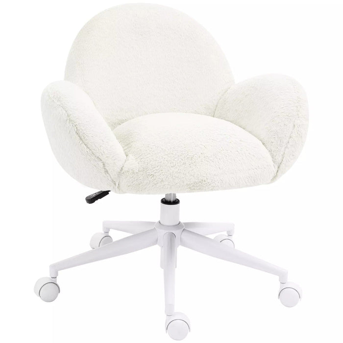 Image of a White Fluffy Desk Chair With Wheels.