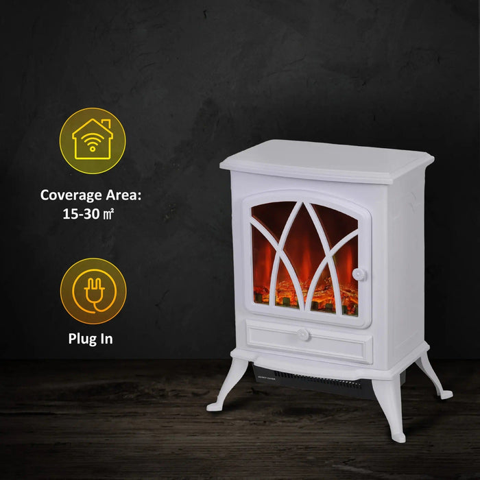 Image of a White Freestanding Electric Fireplace With Realistic Flame Effect