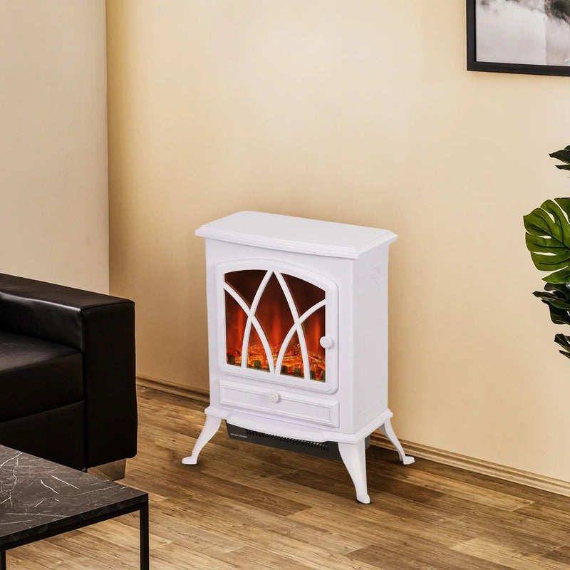 Image of a White Freestanding Electric Fireplace With Realistic Flame Effect