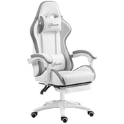 Image of a White Leather Gaming Chair by Vinsetto. The chair has swivel wheels, lumbar support and a neck pillow, a retractable leg rest, padded arms, height adjustment, tilt and a reclining backrest.